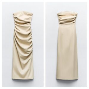 Zara Strapless Faux Leather Draped Midi Dress